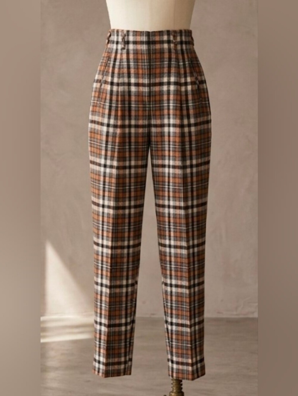 Vintage 1950s Tiger's Plaid High Waist Slacks Brown Wool Blend 10 23x28 NWT